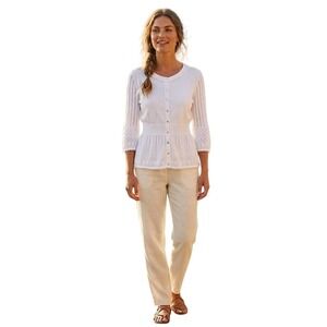Mango Suit White Pointelle Knit Pom Pom Trim Peplum Cardigan Sz. L Cottage Girly